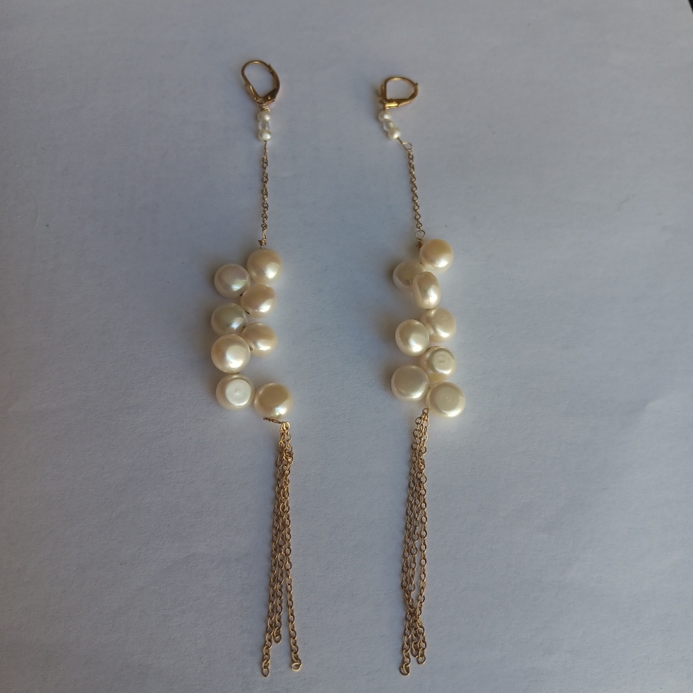 Stamped 14K GF White Flat Pearl & Chain Long Drop Earrings Dainty Coquette